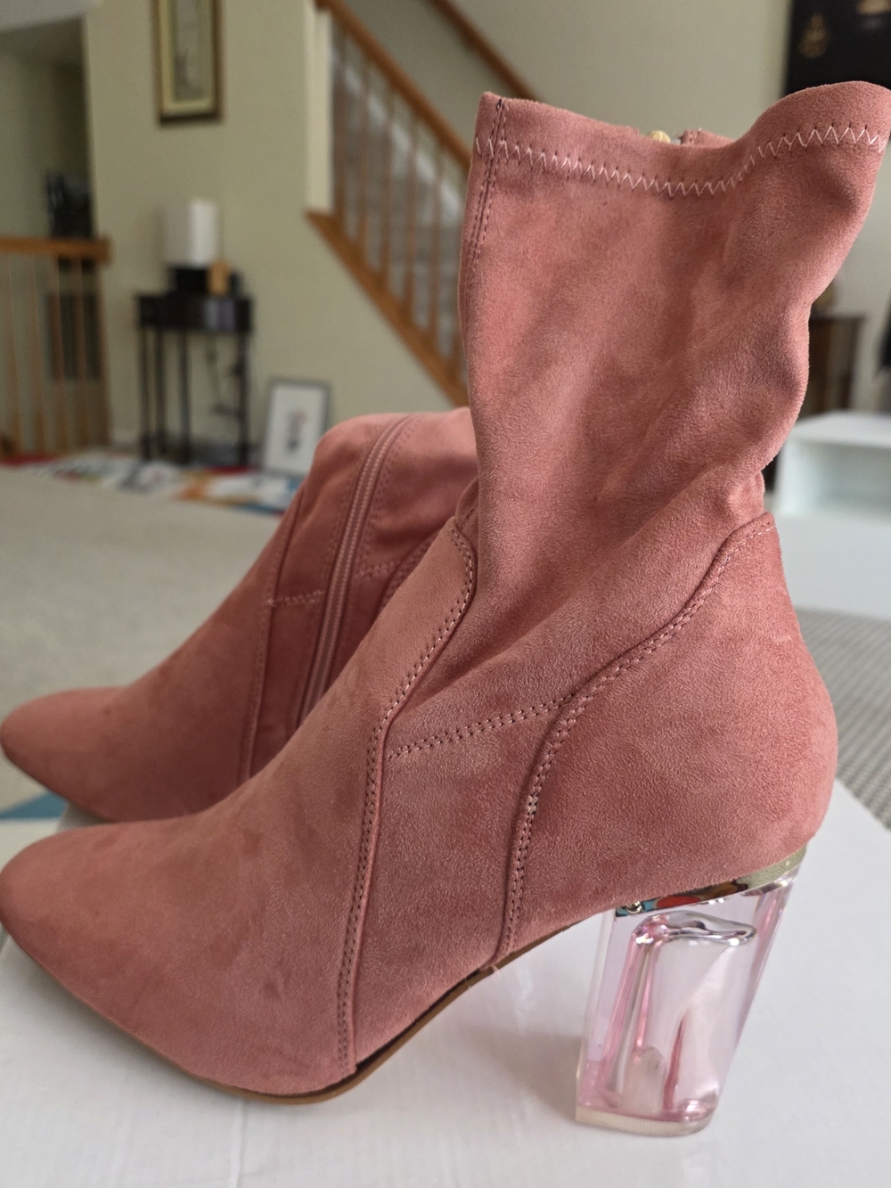 Cape Robbin Dusty Rose Suede Ankle Boots with Clear Pink Block Heel